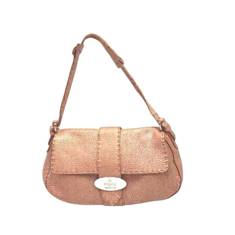 Auth Fendi Selleria Metallic Rose Grained Leather Mamma Baguette Shoulder Bag